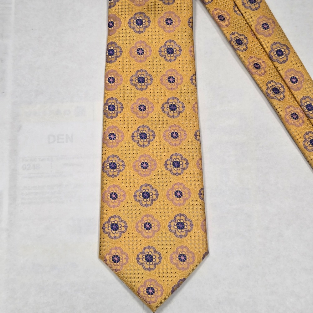 Imani Mens Extra Long Silk Touch‎ Necktie Yellow Purple Floral Medallion 63 Inch